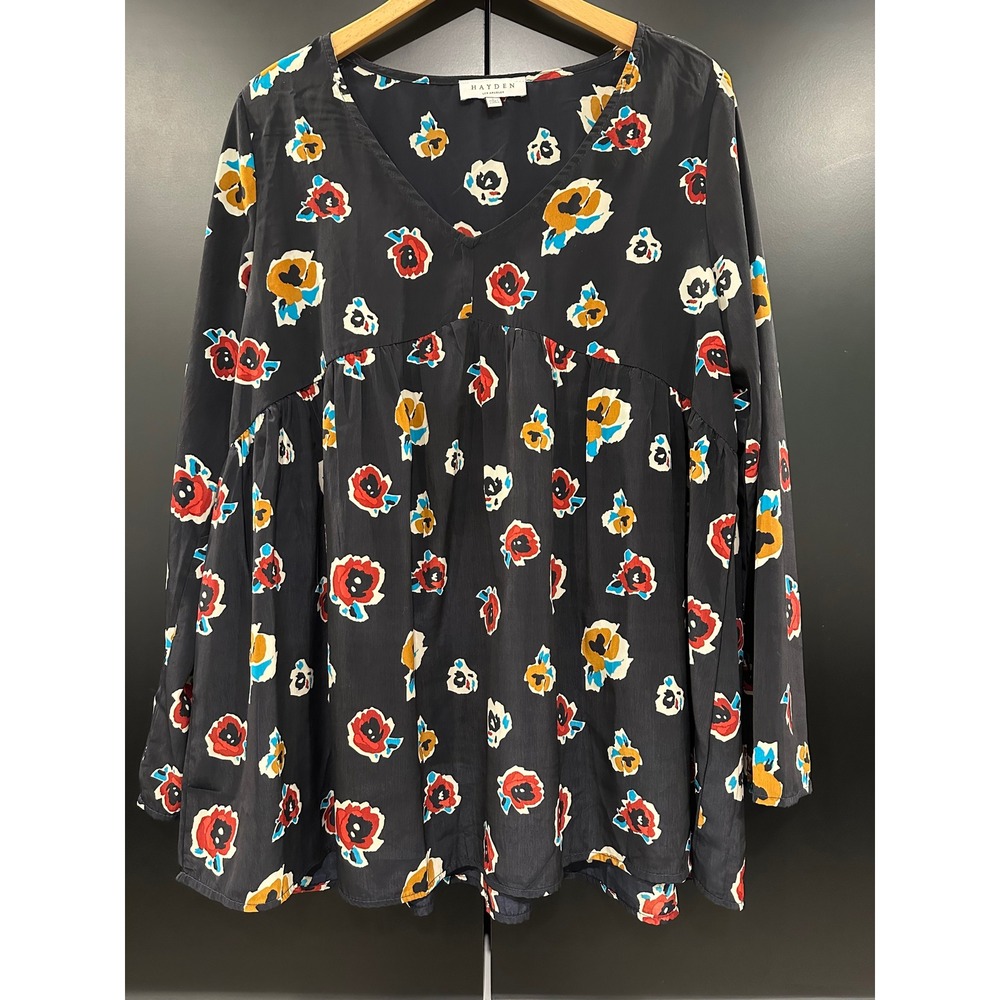 Hayden Los Angeles‎ Floral Poppy Babydoll Tunic Top Black V-Neck Large H8050
